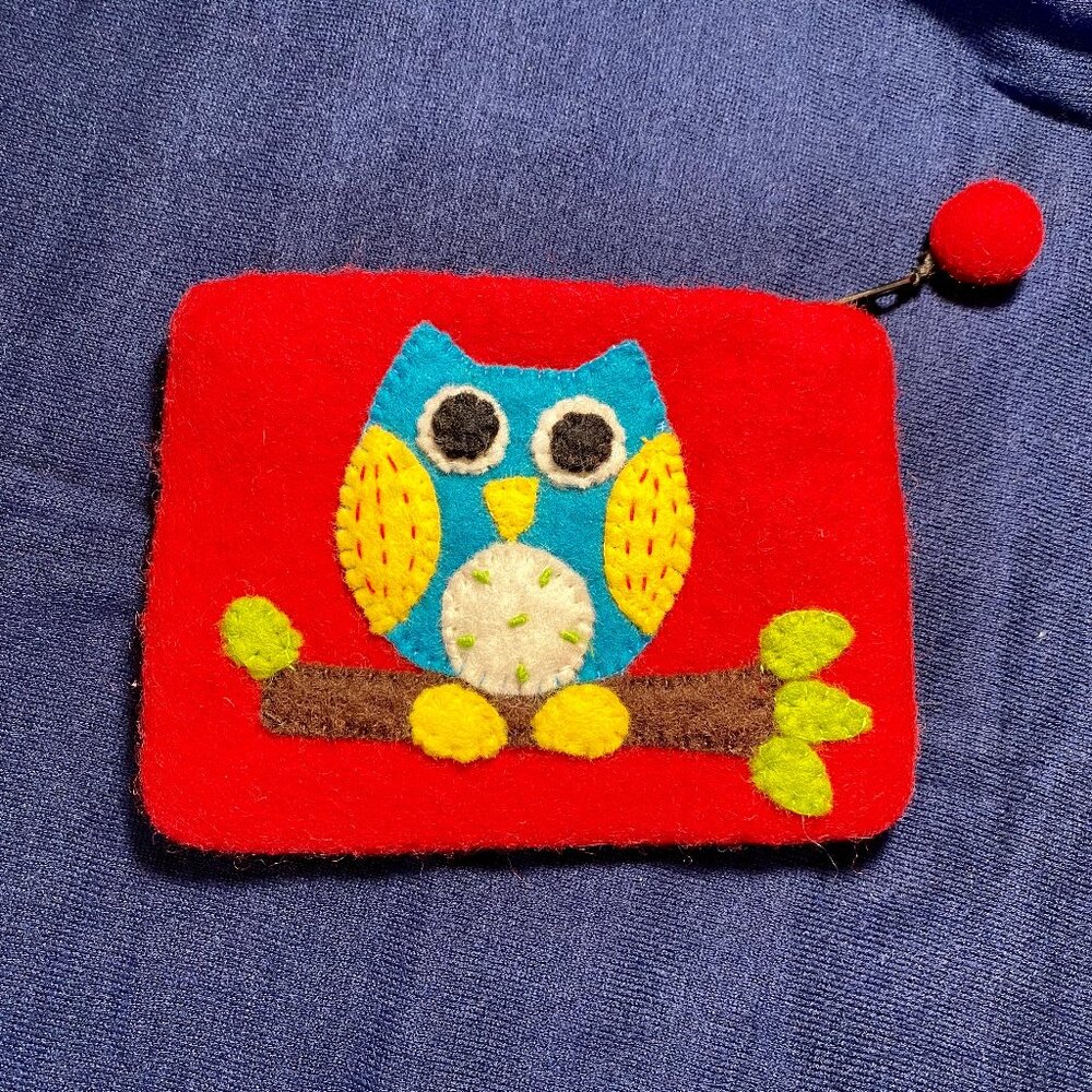 Owl on Red Felted Wool Zipper Purse/pouch/wristlet, gift, birthday, holiday!